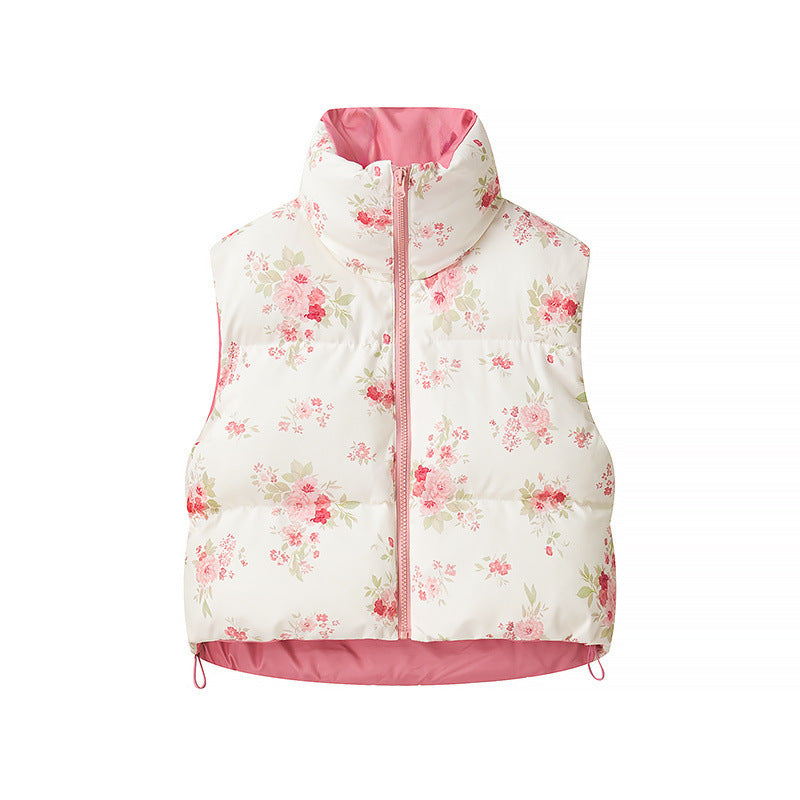 Women short cut quilted vest made of down imitation with stand-up collar, floral print and drawstring Fashion Glam