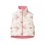 Women short cut quilted vest made of down imitation with stand-up collar, floral print and drawstring Fashion Glam