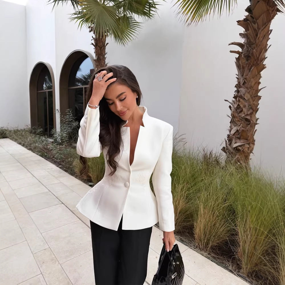 Women's Tailored Blazer with Distinctive V-Neck and Stand Collar Detail Fashion Glam