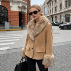 Women's short suede jacket with voluminous fur collar and wide fur cuffs Fashion Glam