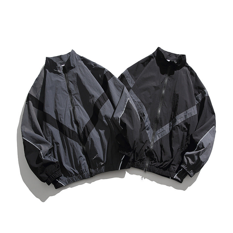 Men's Lightweight Oversize Windbreaker Jacket with Chevron Panels, Stand Collar and Elastic Hem Fashion Glam