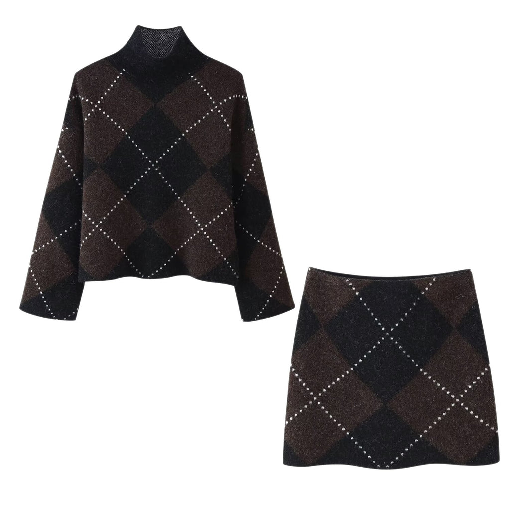 Women's Knit Set made of Turtle Neck Poncho and Mini Skirt with Argyle Pattern Fashion Glam