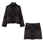 Women's Knit Set made of Turtle Neck Poncho and Mini Skirt with Argyle Pattern Fashion Glam