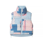 Women short cut quilted vest made of down imitation with stand-up collar, floral print and drawstring Fashion Glam