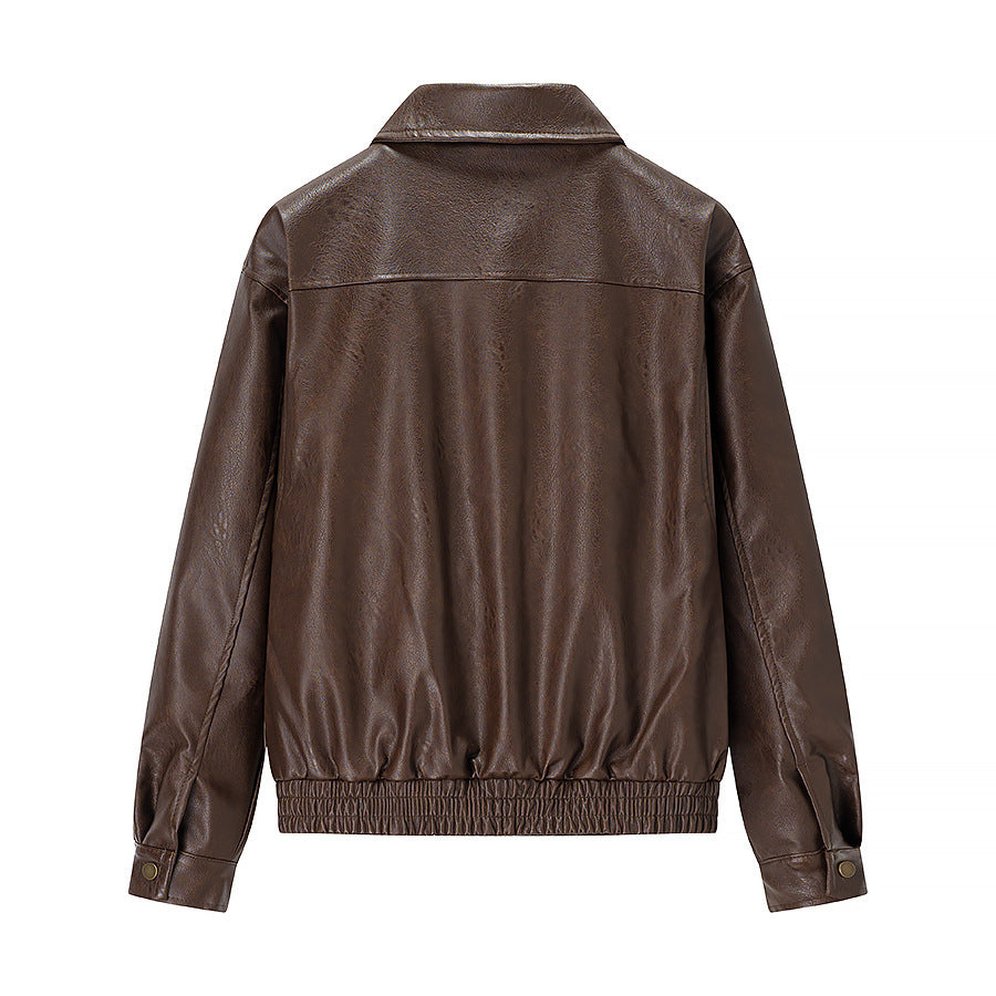 Women's Boxy Faux Leather Pilot Jacket with Flap Pockets and Elastic Hem Fashion Glam