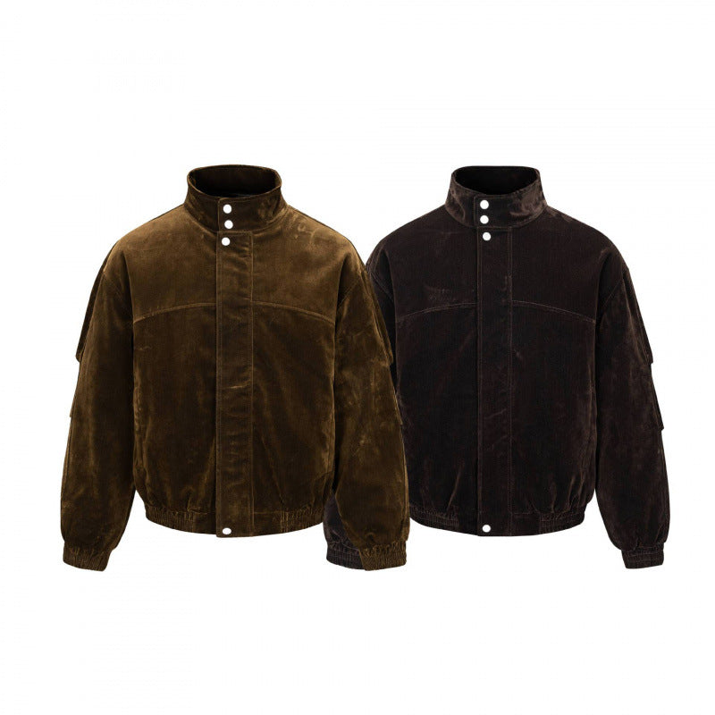 Men's velvet bomber jacket with stand collar, concealed snap button placket, and elastic hem Fashion Glam