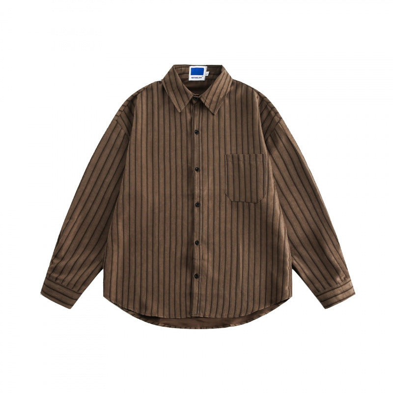 Unisex Loose-Fit Shirt with Vertical Pinstripe Structure, Patch Chest Pocket and Curved Hem Fashion Glam