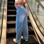 Women High-Waisted Relaxed Wide-Leg Denim Jeans with Frayed Pocket Edge Fashion Glam