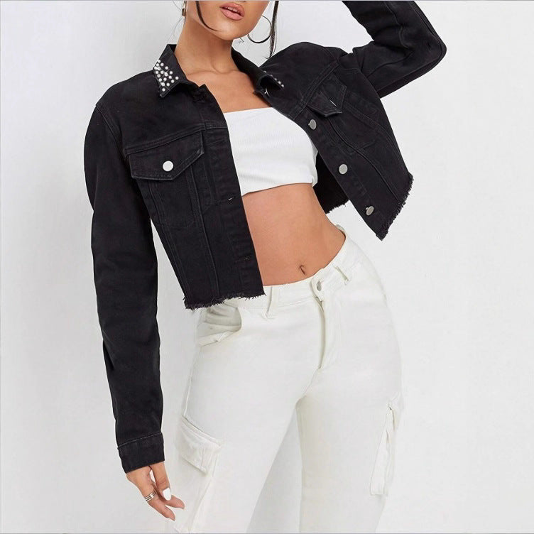 Women's Cropped Denim Jacket with Studded Collar, Frayed Hem and Flap Pockets Fashion Glam