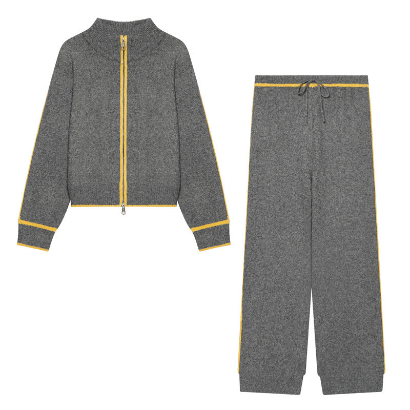Women Two-Piece Knit Loungewear Set with Short Zip Cardigan and High Waist Palazzo Pants Fashion Glam