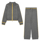Women Two-Piece Knit Loungewear Set with Short Zip Cardigan and High Waist Palazzo Pants Fashion Glam