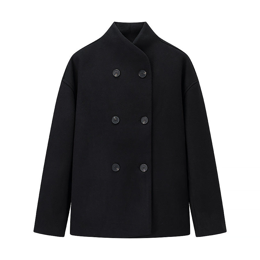 Women Boxy Double-breasted Wool Blend Coat with High Wrap Collar Fashion Glam