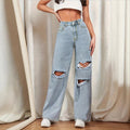 Ladies high-waisted baggy jeans in wide-leg with multi-level knee cutouts Fashion Glam