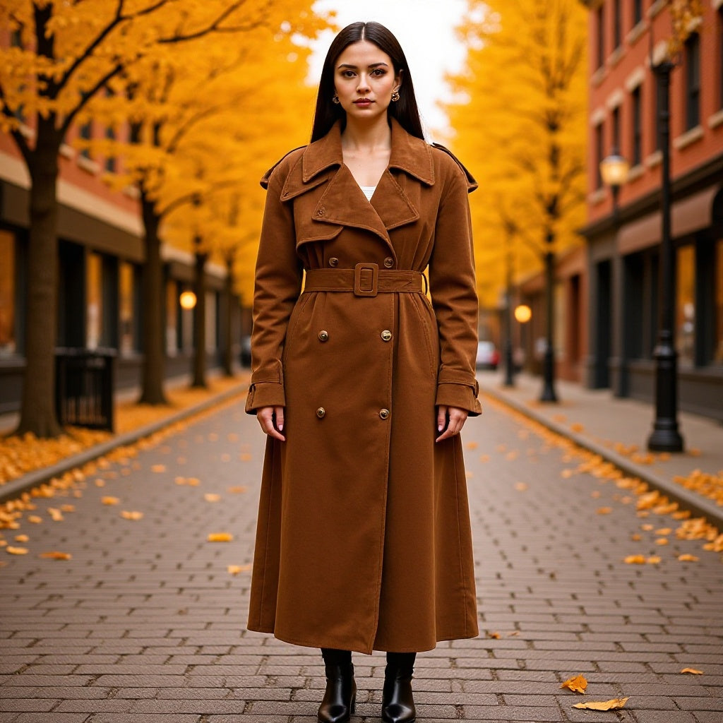 Women Longer tailored double-breasted wool blend trench coat with belt and shawl collar Fashion Glam
