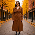 Women Longer tailored double-breasted wool blend trench coat with belt and shawl collar Fashion Glam