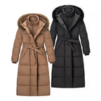 Women's Long Quilted Coat with Waist Belt, Hood and Faux Fur Trim Fashion Glam