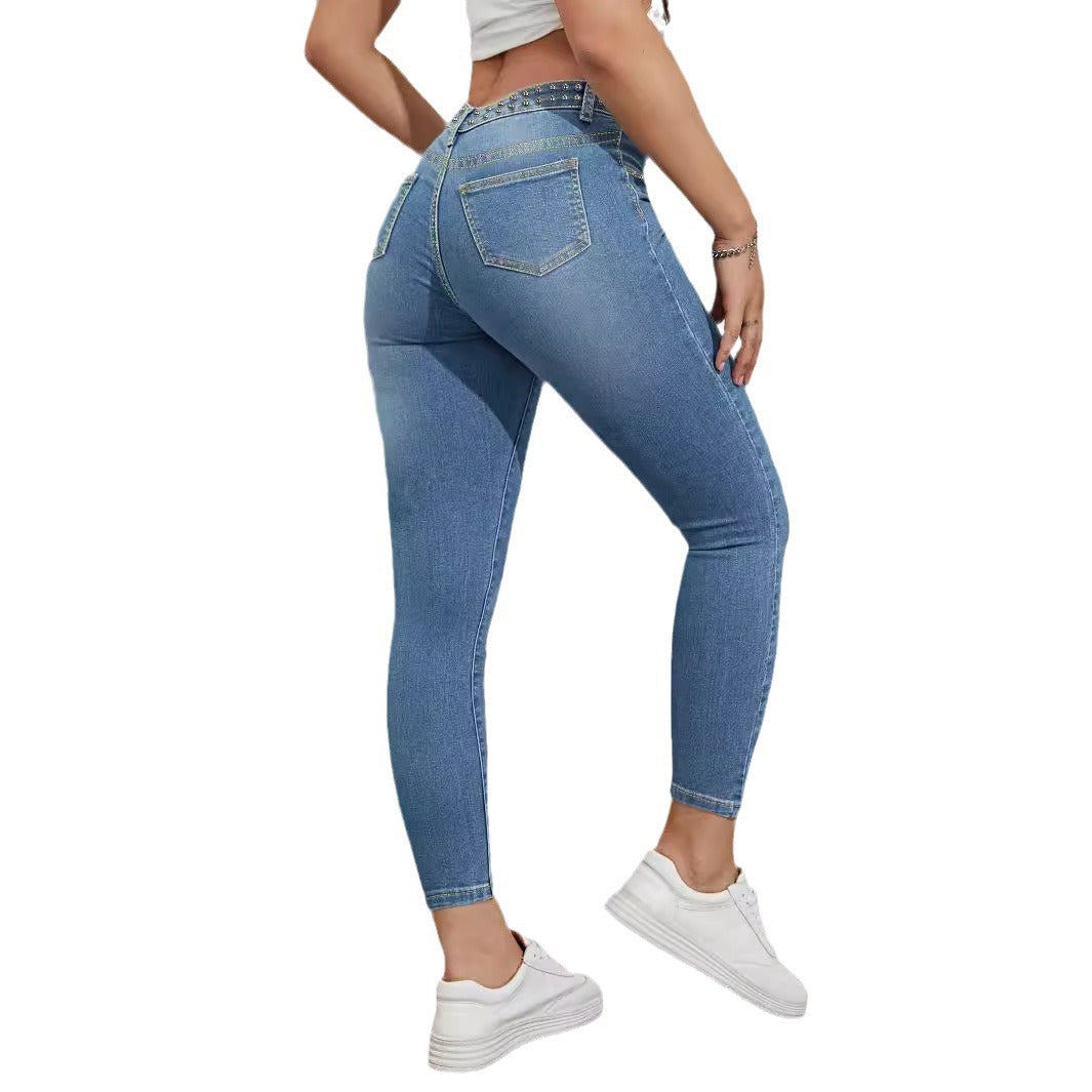 Ladies high-waisted skinny jeans with rhinestone embellishments and ankle-length cut Fashion Glam