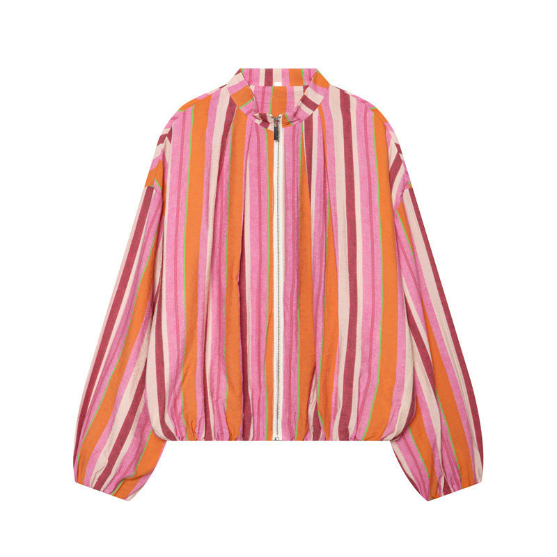 Women Oversize Lightweight Bomber Jacket made of striped woven fabric with standing collar, zipper, and elastic hem Fashion Glam