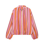 Women Oversize Lightweight Bomber Jacket made of striped woven fabric with standing collar, zipper, and elastic hem Fashion Glam