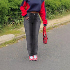 Women's high-waisted straight denim pants with shaping waistband and longer leg Fashion Glam