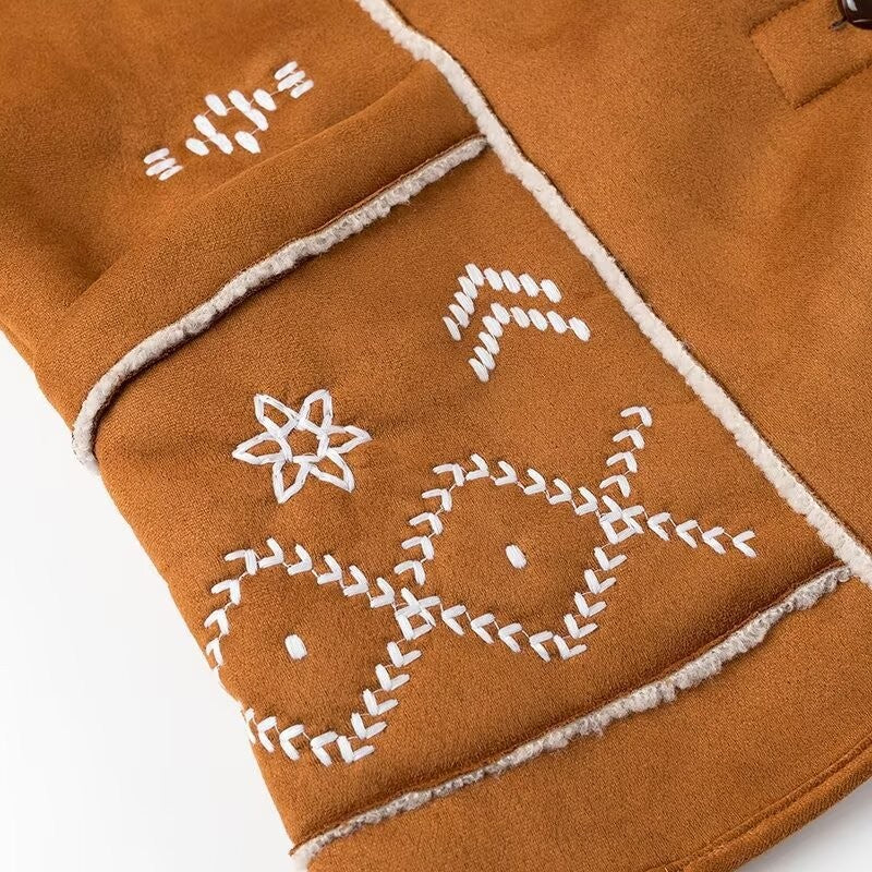 Women's Embroidered Fleece-Lined Shirt Jacket with Shawl Collar and Patch Pockets Fashion Glam
