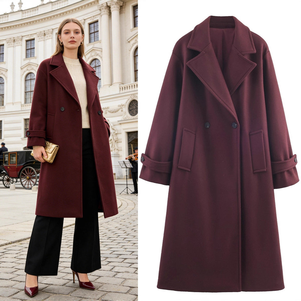 Women Oversized Wool Blend Coat with Double-Breasted Closure, Wide Lapels and Sleeve Tabs Fashion Glam