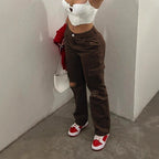 Women's cargo jeans with high waist, straight leg, knee rips, and patch cargo pockets Fashion Glam