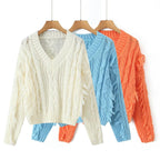 Women's Chunky Knit V-Neck Sweater with Cable Pattern and Fringes Fashion Glam