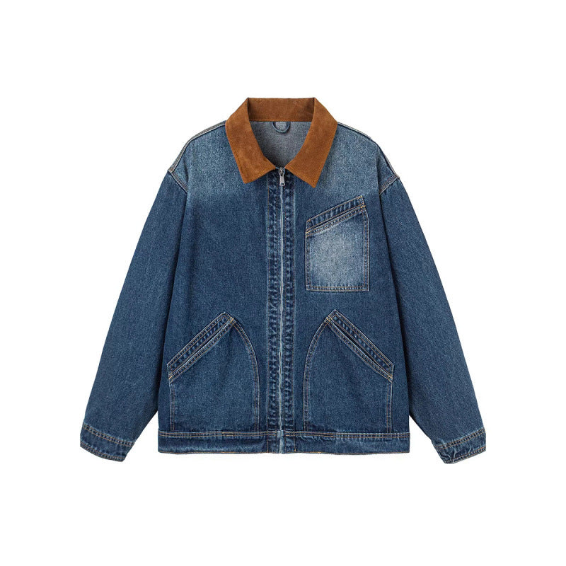 Men's Boxy Denim Jacket in Worker Style with Cord Collar and Front Zipper Fashion Glam