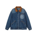 Men's Boxy Denim Jacket in Worker Style with Cord Collar and Front Zipper Fashion Glam