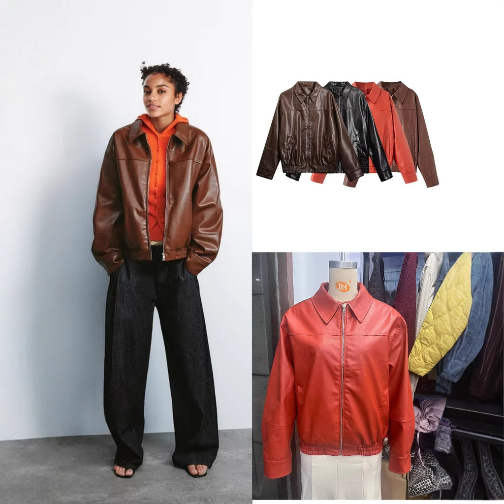Women Boxy Faux Leather Blouson Jacket with Shirt Collar, Zipper and Elastic Hem Fashion Glam