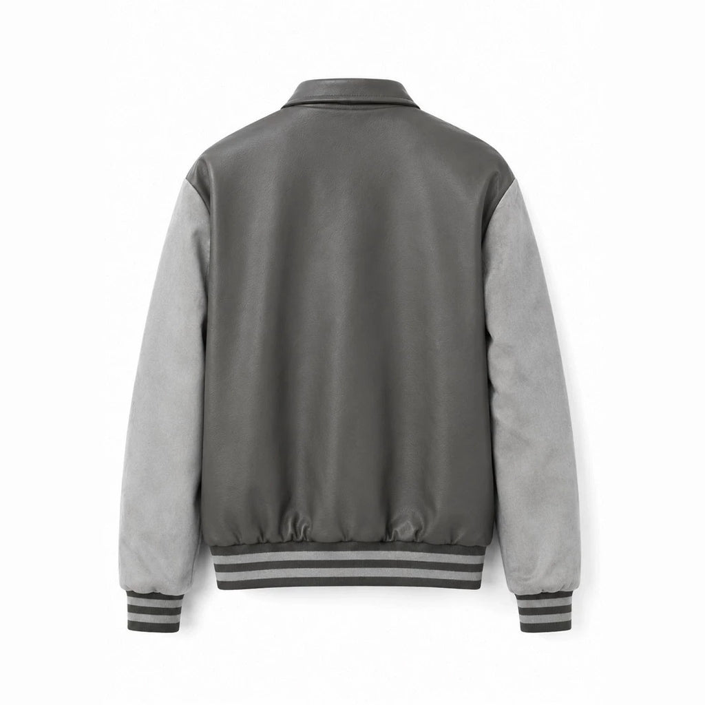 Men's varsity bomber jacket in collegiate style with faux leather body, suede look sleeves and embroidered patches Fashion Glam