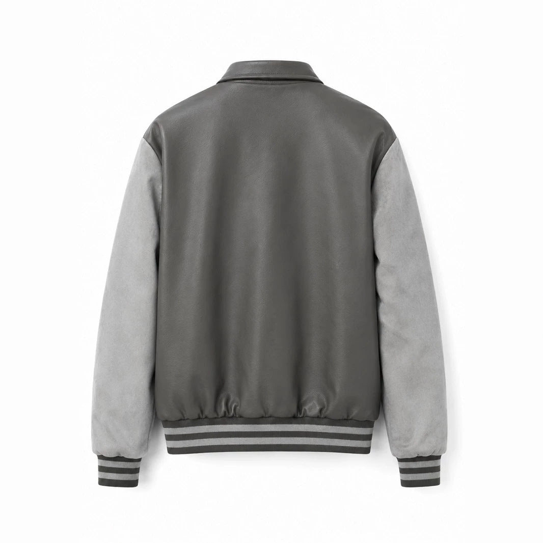 Men's varsity bomber jacket in collegiate style with faux leather body, suede look sleeves and embroidered patches Fashion Glam