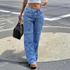 Women's High-Waisted Cargo Denim Pants with Utility Pockets Fashion Glam