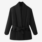 Women's Short Quilted Padded Jacket with Shawl Collar and Waist Belt Fashion Glam