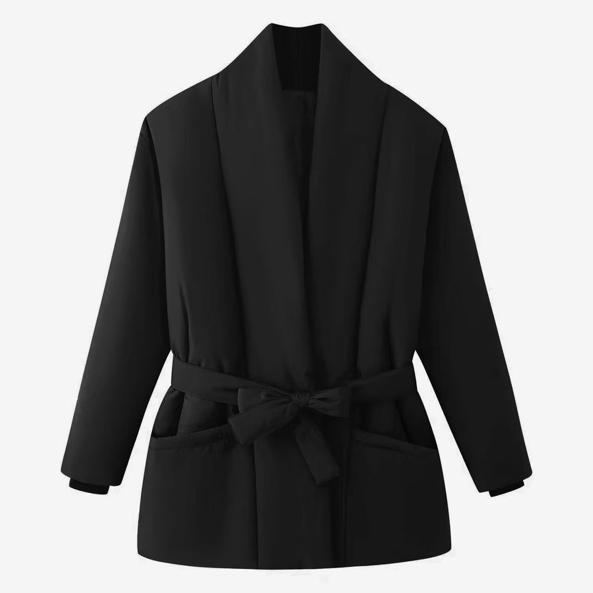 Women's Short Quilted Padded Jacket with Shawl Collar and Waist Belt Fashion Glam