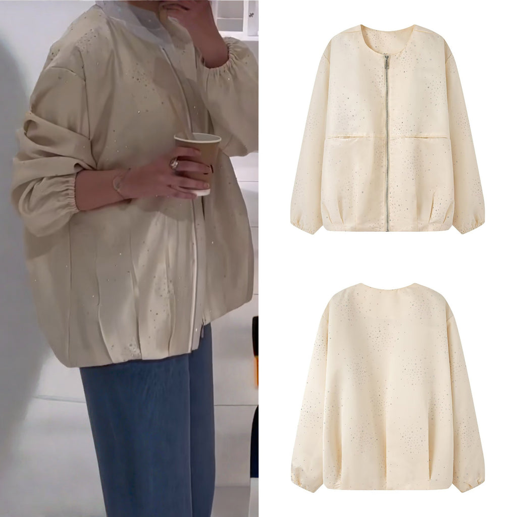 Women's Shiny Bomber Jacket with Decorative Stone Trim and Elastic Hem Fashion Glam