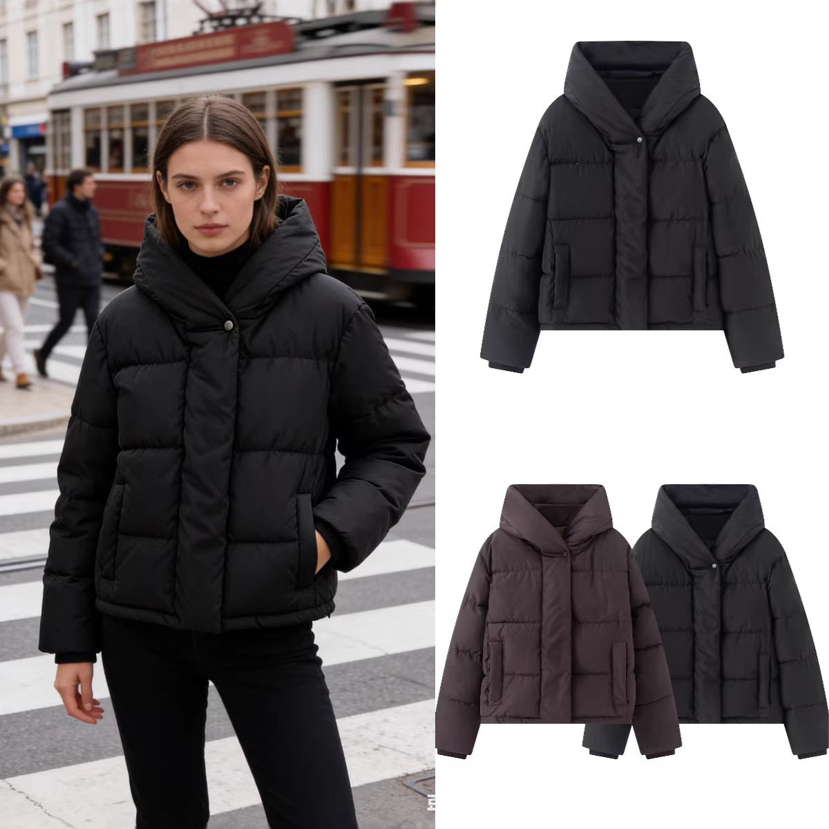 Women's short quilted puffer jacket with high stand-up collar and concealed button placket Fashion Glam