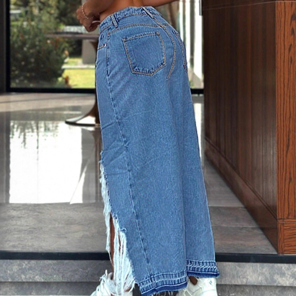 Women's High-Cut Denim Midi Skirt with Deep Front Slit, Destroyed Detail and Raw Fringe Hem Fashion Glam