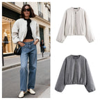 Ladies short-cut suede-look bomber jacket with round neck and balloon sleeves Fashion Glam