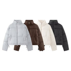 Women's Cropped Oversize Puffer Jacket with High Stand Collar and Two-Way Zipper Fashion Glam