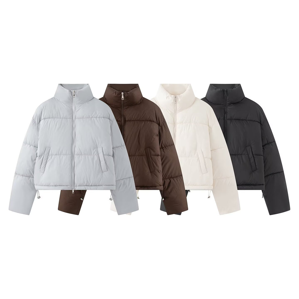 Women's Cropped Oversize Puffer Jacket with High Stand Collar and Two-Way Zipper Fashion Glam