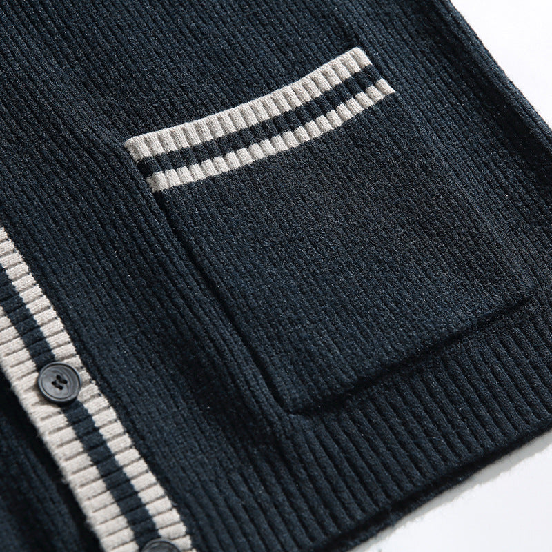 Unisex Oversize Knit Cardigan with Contrast Stripes, V-Neck and Patch Pockets Fashion Glam