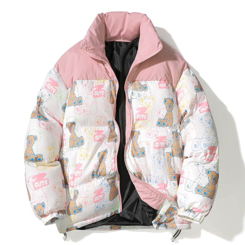 Unisex Quilted Teddy-Print Puffer Jacket with High Collar Fashion Glam
