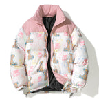 Unisex Quilted Teddy-Print Puffer Jacket with High Collar Fashion Glam