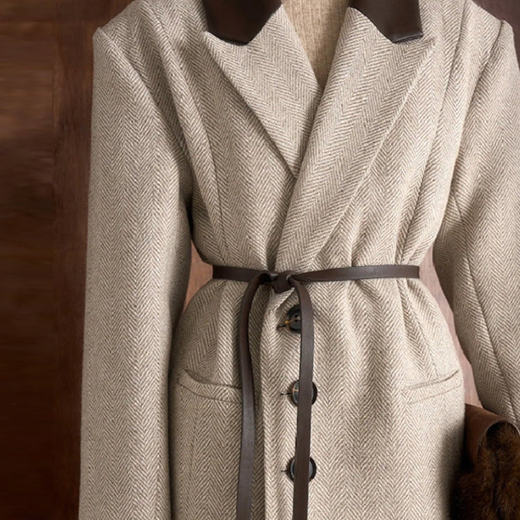 Women's Tailored Wool Blend Coat with Herringbone Structure, Contrasting Leather Collar and Tie Belt Fashion Glam