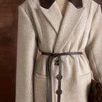 Women's Tailored Wool Blend Coat with Herringbone Structure, Contrasting Leather Collar and Tie Belt Fashion Glam