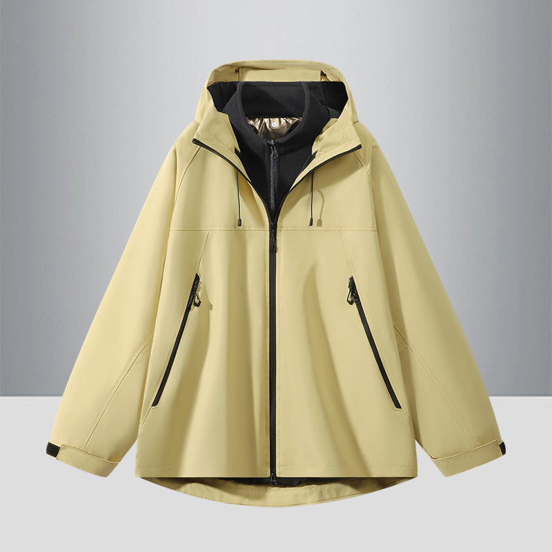 Men's Two-Tone Softshell Hybrid Jacket with Hood, Extended Back and Water-Resistant Zippers Fashion Glam