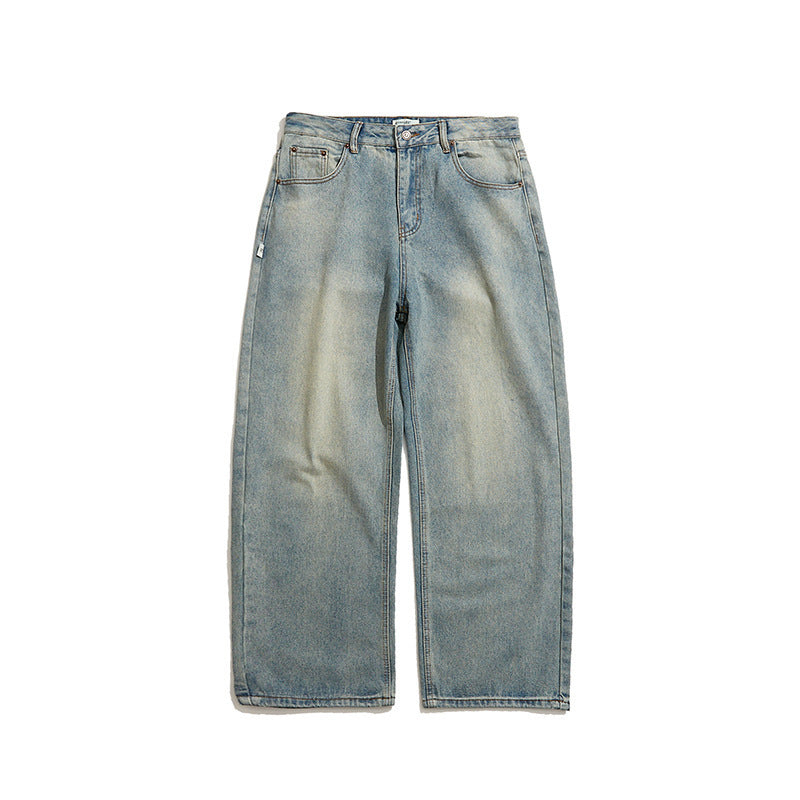 Men's Wide-Leg Denim Pants with High Waist, Vintage Wash and Five-Pocket Details Fashion Glam