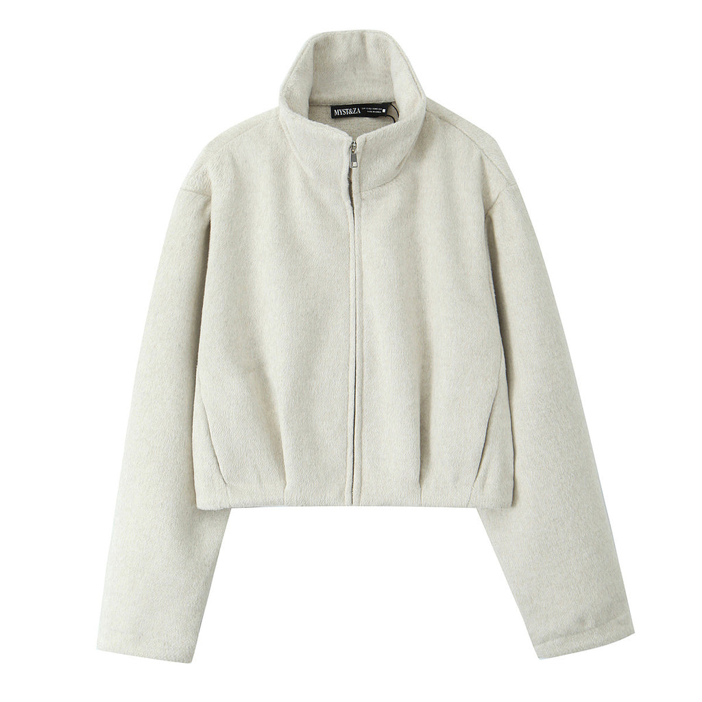 Women Boxy Fleece Jacket with Stand-up Collar and Concealed Zipper Fashion Glam